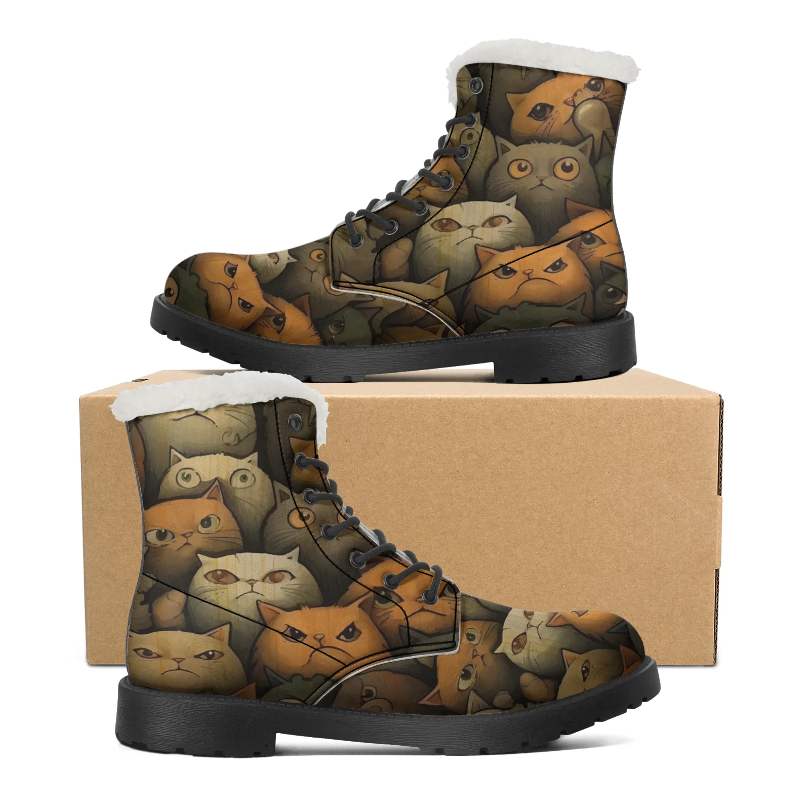 Men Shoes Eu To Us - Cute Cats Prints Plush Snow Boots